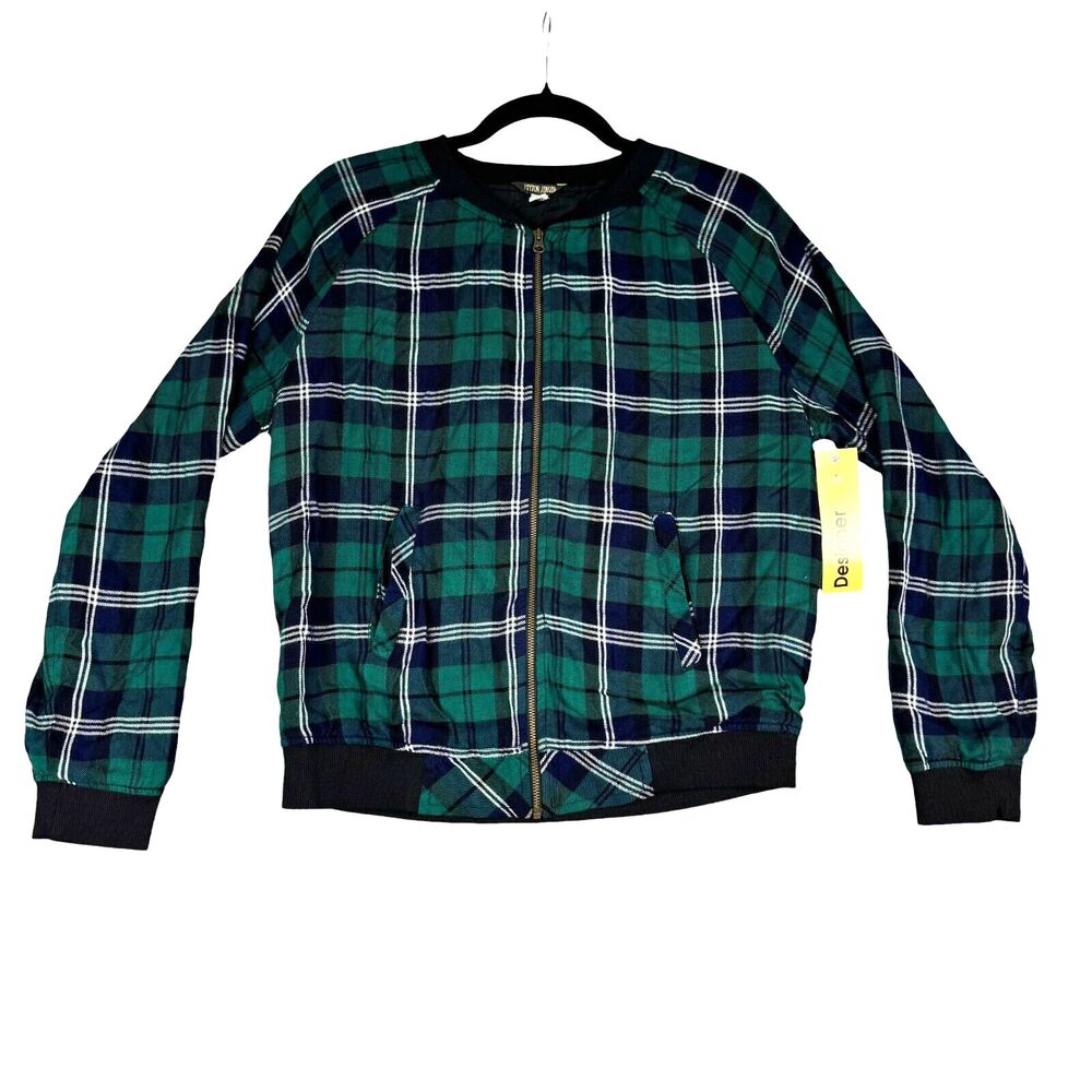 Peyton Jensen Jacket Womens Small Green Plaid Bomber Full Zip Long Sleeve Preppy